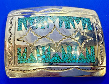 Native Indian Signed Turquoise Stone Chip Inlaid RJ Marked Vintage Belt Buckle