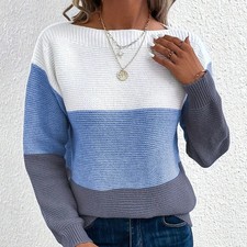 Women's Contrast Color Long Sleeve Sweater Casual Fall Pullover Warm Comfortable