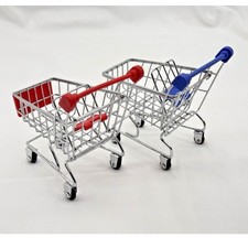 Mini Shopping Cart Desk Organizer 2pc Set Blue Red Metal Grocery Trolley Toy