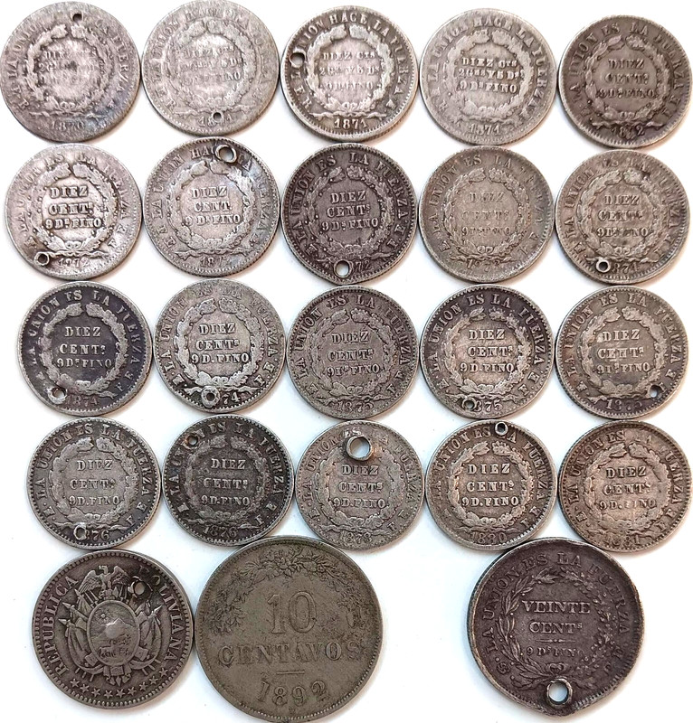 Bolivia Silver 1870 1871 1872 1873 etc Diez 10 Centavos Lot, Viente 20 Cent Coin