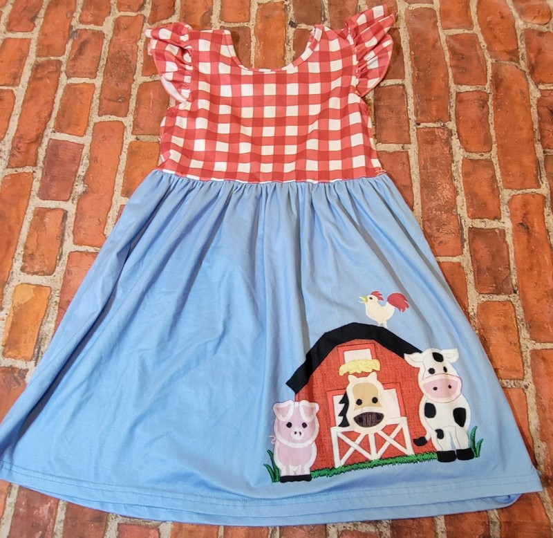 Boutique Girls Farm Barn Dress Cow Pug Horse Chicken Sz 5/6 5 6 Checkered