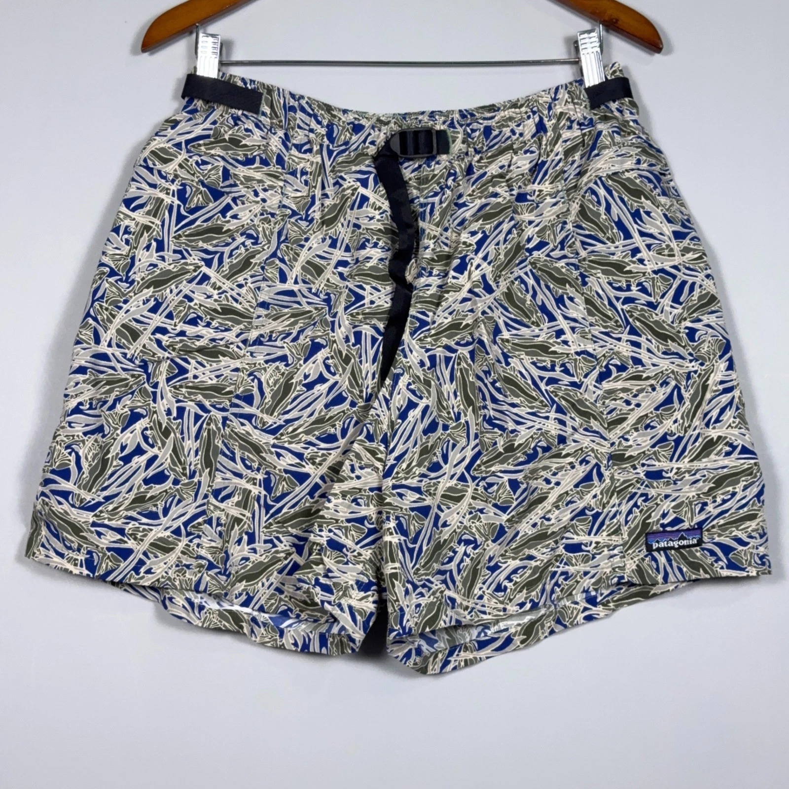 Vintage Patagonia Baggies 90s River Shorts Mens Large Fish Print Blue Gorpcore