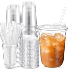25 Pack 16 oz Clear Plastic Cups with Sip Lids  Straws, Disposable Pet Cryst...