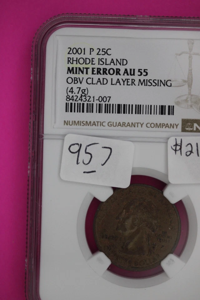 Mint Error Missing Clad Layer Obverse 2001 P AU 55 Rhode Island Quarter NGC 957 - Image 3 of 3