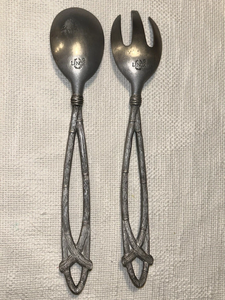 LENOX Metal Serving Spoon And Fork Set Detail Handles Bamboo Twist Matte - Image 2 of 4