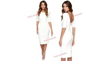 Women Leather Midi Dress White Lambskin Short Sleeve Party Formal Bodycon Outfit