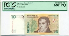 Argentina 2003 10 Pesos Bank Note Superb Gem New 68 PPQ PCGS Currency