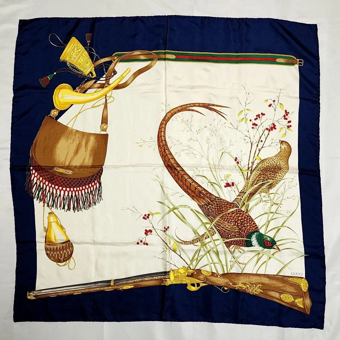 GUCCI écharpe grand oiseau faisan chasse fusil corne sac ceinture marine