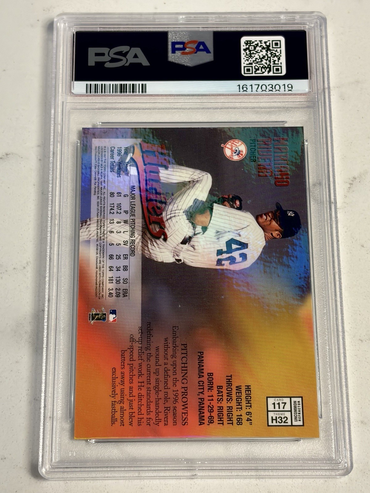 1997 FINEST W/Coating REFRACTOR #117 MARIANO RIVERA PSA 8 NM/MT - POP 7 view 2