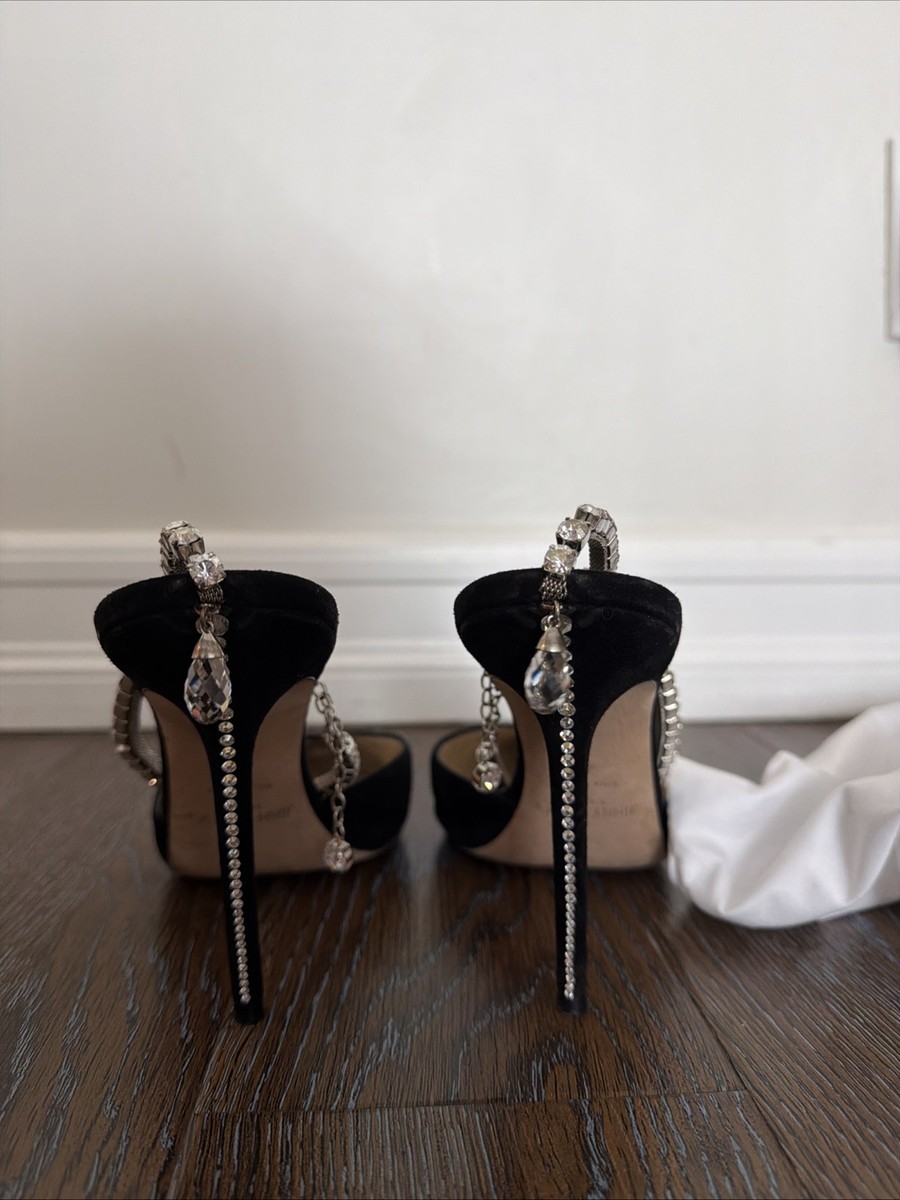 Jimmy Choo Saeda 100 Black Suede Pumps with Crystal Embellishment