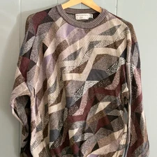 St. Croix Knits USA Sweater XL 90s Abstract Coogi Style Geometric Pattern Flaw