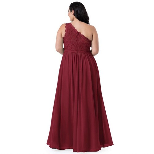Azazie Demi A-Line One Shoulder Chiffon Floor-Length Dress Womens A18 Burgundy - Picture 2 of 8