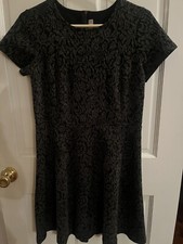 ANN TAYLOR BLACK & Gray Textured BROCADE FLARE  DRESS SZ 6 Petite