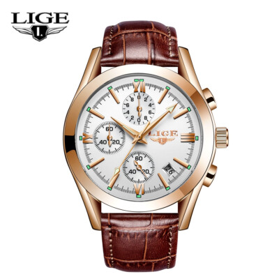 LIGE Men's Watch Quartz Date Luminous Waterproof Leather Male Casual Wristwatch