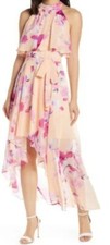 Eliza J Floral Ruffle High/Low Midi Halter Dress Blush