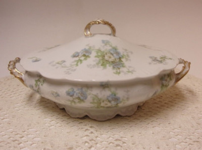 JPL Jean Pouyat Limoges antique porcelain vegetable tureen dish, blue flowers