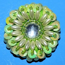 Vintage Handcrafted Green Flower Brooch Pin Sewn Beads Sequins Floral Artisan