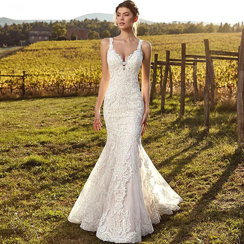 Boho Mermaid Wedding Dress Spaghetti Strap Sleeveless Lace Applique Bridal  Gowns | eBay