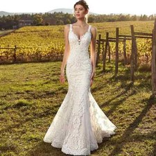 Boho Mermaid Wedding Dress Spaghetti Strap Sleeveless Lace Applique Bridal Gowns