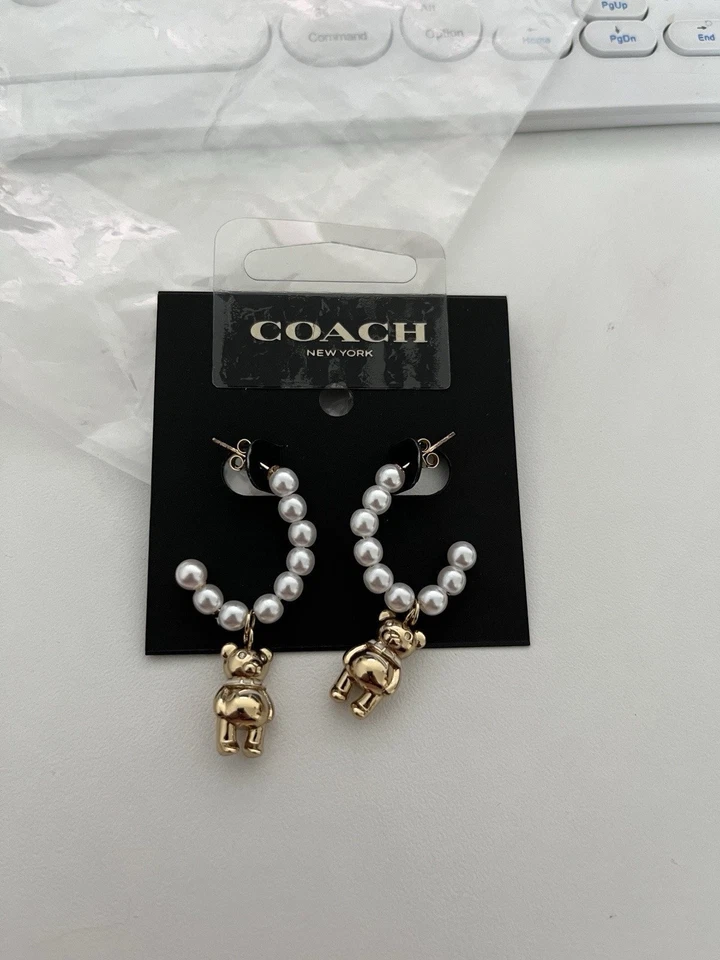 Coach Bär Perlen Creolen Ohrringe Gold/Perle Und Silber Finish C7793