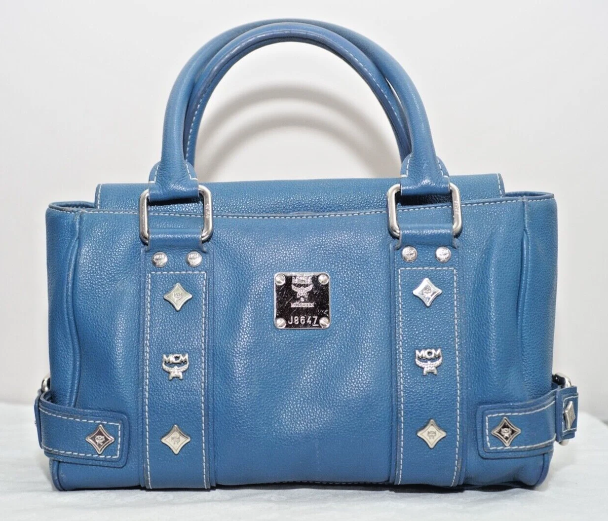 Used Goyard Monogram Boston Bag Blue Leather Logo Travel