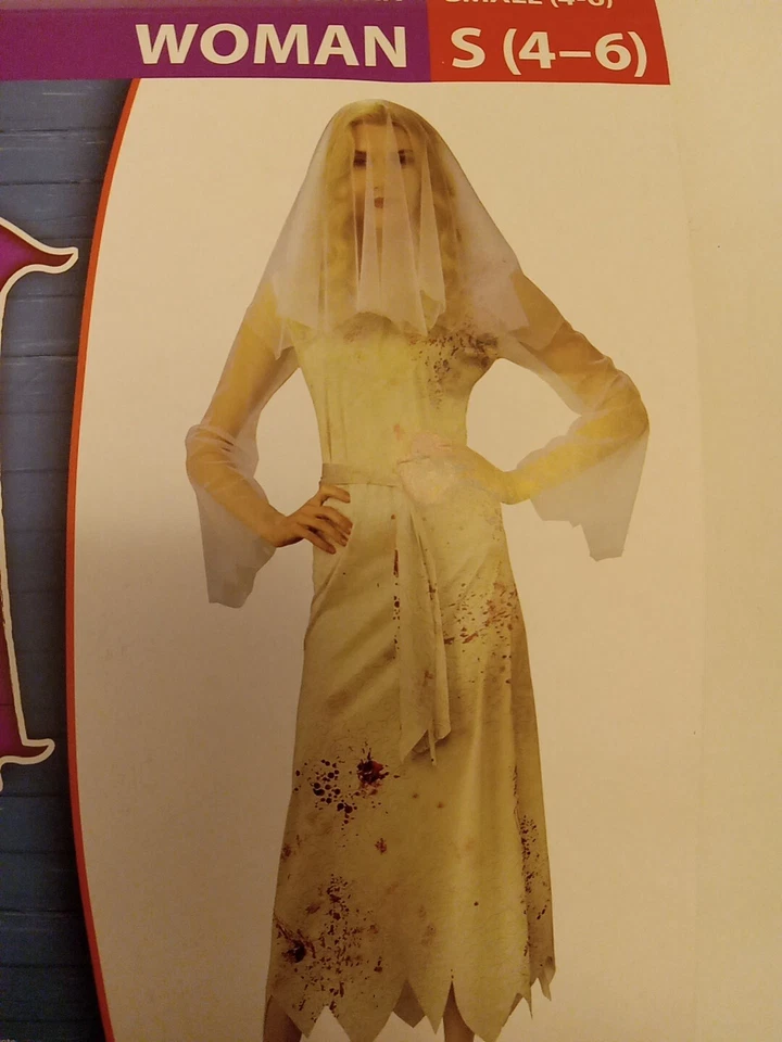 Disfraz de Halloween de Novia Fantasma de Rubí para Mujer S 4-6 Vestido Faja Rosa Prendedor Velo NUEVO Foto 2 de 4