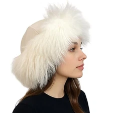  Shaggy Mongolian Fur Hat Cowhide Leather Bucket Hat Beanie Headband Cap White