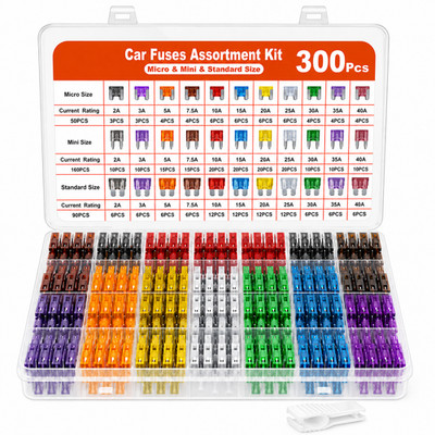 300Pcs Car Fuse Assortment Kit Micro Mini Standard Blade Fuses with Puller
