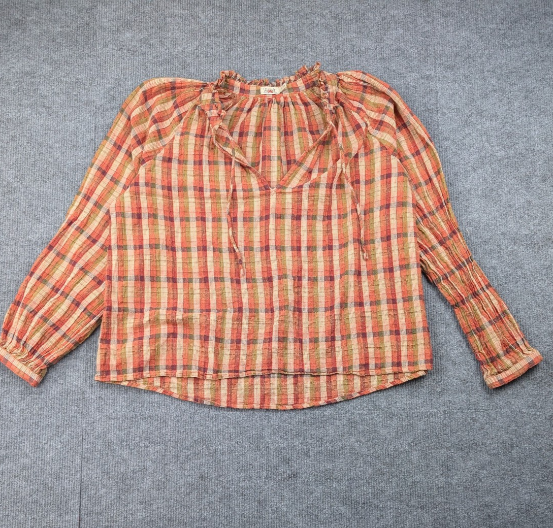 Faherty Annalise Blouse Womens Small Peasant Organic Ginham Sunset Plaid Cottage