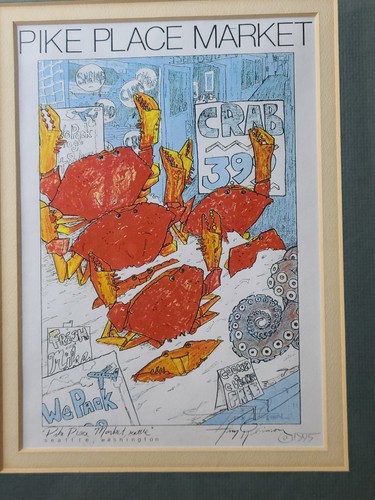 VTG '95 signed tim robinson pike market crab print matted quality Wood framed - Picture 2 of 11