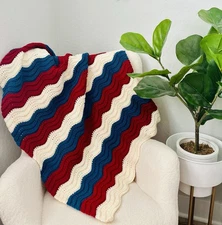 Hand Crocheted Lap Blanket - Red White & Blue - Made In USA - FREE SHIPPING!