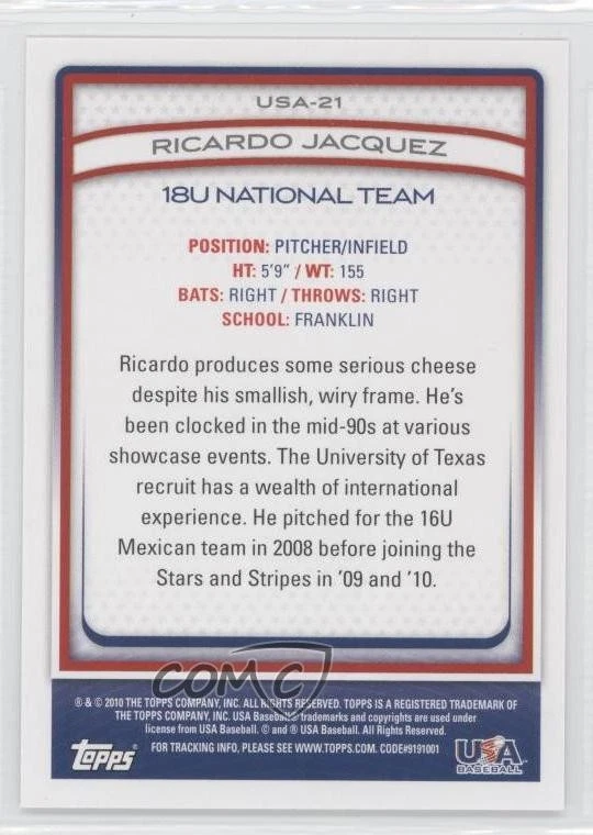 2010 Topps USA Baseball Team Ricardo Jacquez #USA-21 - Image 2 of 2