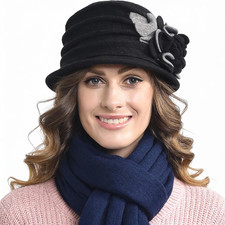 Vintage Women Floral Wool Dress Cloche Winter Hat 1920S