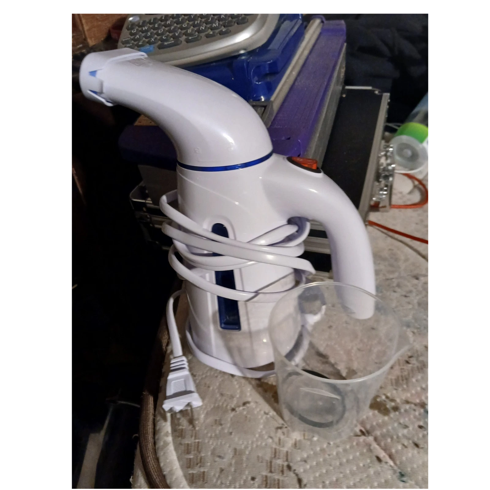 Handheld White Blue Steam Cleaner with Brush Attachment & Measuring Cup