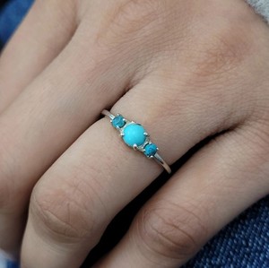 Authentic Natural Turquoise Ring 925 Sterling Silver Three Stone Boho Minimalist Jewelry