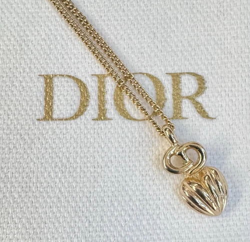 Autentica Collana con Ciondolo Cuore Logo Placcato Oro DIOR RARA (16 18")