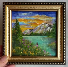 Original Oil Painting Landscape Mountain Lake and Trees Framed Wall Art 4 x 4 in