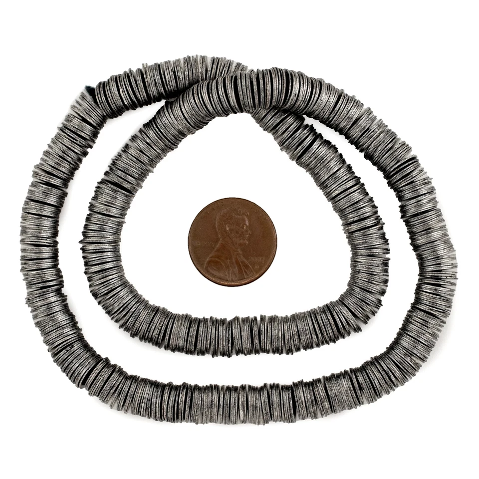 Dark Silver Flat Disk Heishi Beads 8mm White Metal 16 Inch Strand - Image 2 of 4
