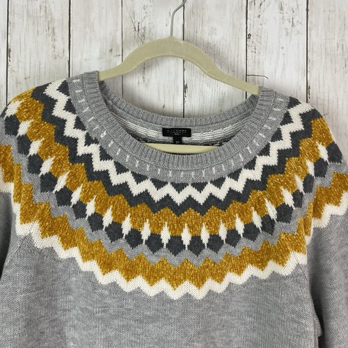 TALBOTS Sweater Women’s 2X Chenille Fair Isle Trim Wool Blend Pullover Gray - Picture 2 of 8