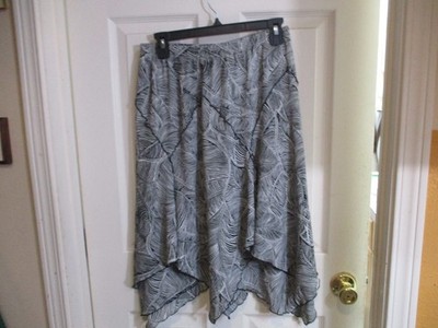 Y2K Key Lime Pie Black & White Leaf Stripes Asymetical Hem Poly Chiffon Skirt- S