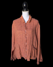 Flax 100% Linen Orange Zip Front Collared Jacket Size Small Cardigan Oversized