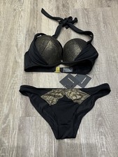 Ann Summers Orchid Black Extreme Boost Bikini Top & Brief Sz 34D 10 - Retro