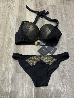 Ann Summers Orchidee schwarz Extreme Boost Bikini Oberteil & Slip Gr. 34D 10 - Retro