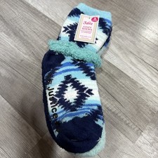 NEW Justice Cozy Socks Grippers 3pair Blue Aztec SZ 4-10 Fuzzy Fleece Girls NWT