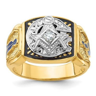 14k Two-Tone Gold Textured Blue Black Enamel Diamond Masonic Men Ring Sz 10