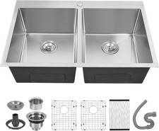 Stainless Steel Double Twin Bowl Kitchen Sink Undermount Inset w/ Waste Kit