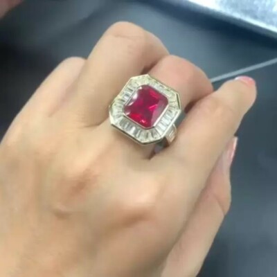 6 ctw Created Emerald Cut Ruby & Diamond Engagement Ring 14k Yellow Gold Plated