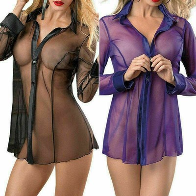 Hot Women Sheer Lingerie Blouse See Through Long Sleeve Tops Sleepwear Nightwear