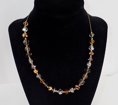 Aurora Borealis Root Beer Crystal Beaded Necklace VTG MCM Magnetic Clasp 16''-19''
