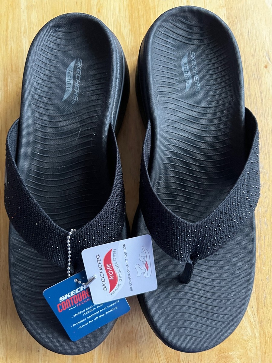 Skechers Go Walk Arch Fit Dazzle Black Thong Sandals 140228 Womens